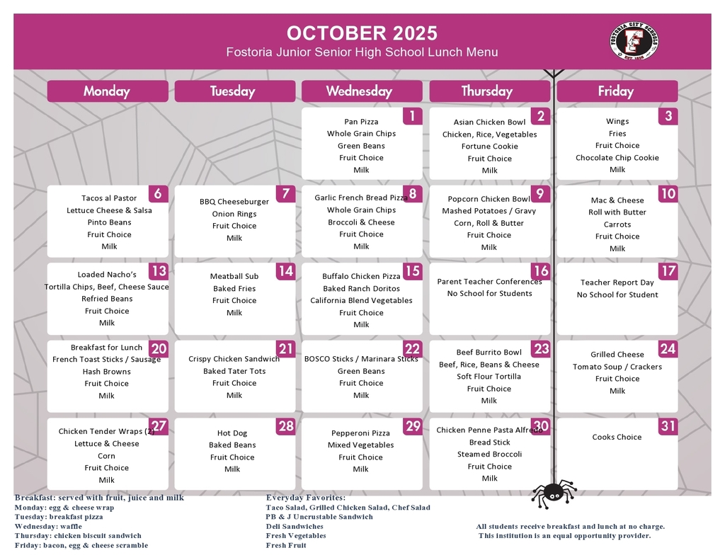 FJSHS October Lunch Menu