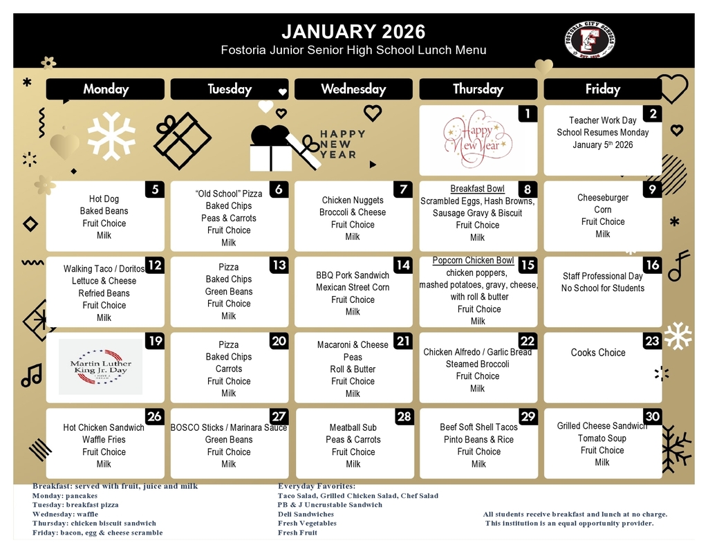 FJSHS Lunch Menu for January