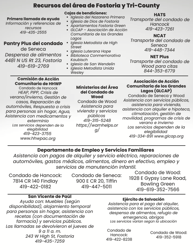 Recursos del área de Fostoria y Tri-County