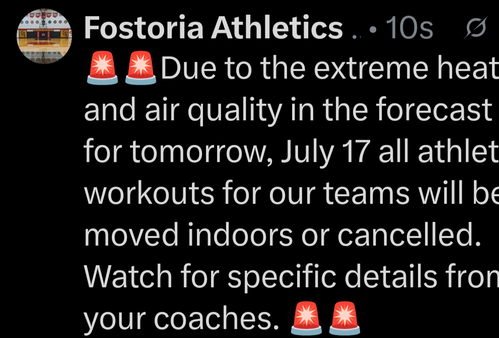 Athletic workouts for tomorrow, July 17 will be moved indoors or cancelled. Watch for updates from your coaches