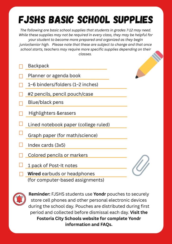 FJSHS School Supply list 2026