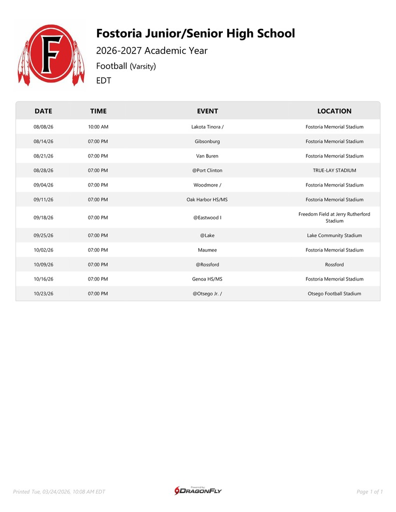 Varsity Football schedule 26-27