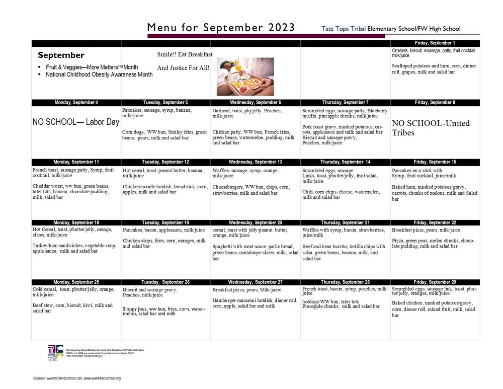 September 2023 Lunch Menu