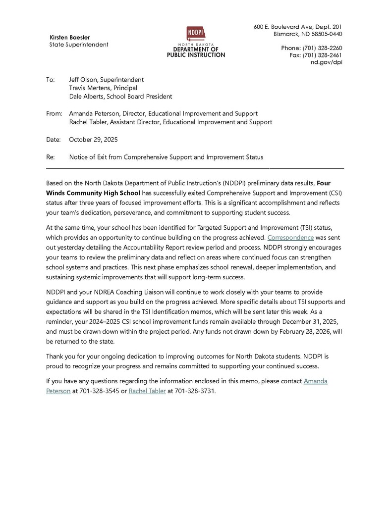 Letter from the North Dakota Department of Public Instruction