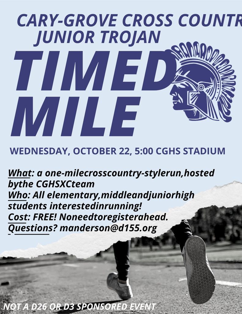 Cary Grove High School Cross Country Team is hosting a mile run. This is a great opportunity for kids to challenge themselves and have fun running in a supportive environment.