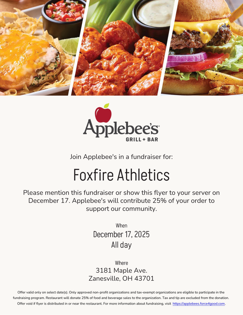 Help support our Athletic Programs today by eating at our local Applebee's! 25% of your bill go back to Phoenix Athletics when you show the flyer or mention the fundraiser.! 