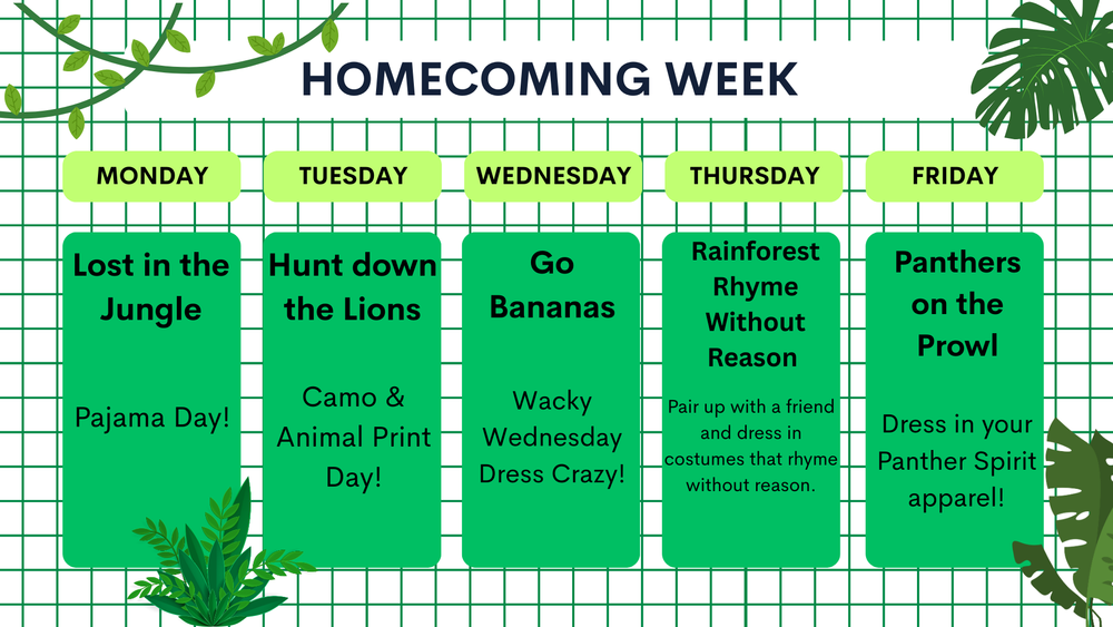 Homecoming week themes and dress up days.