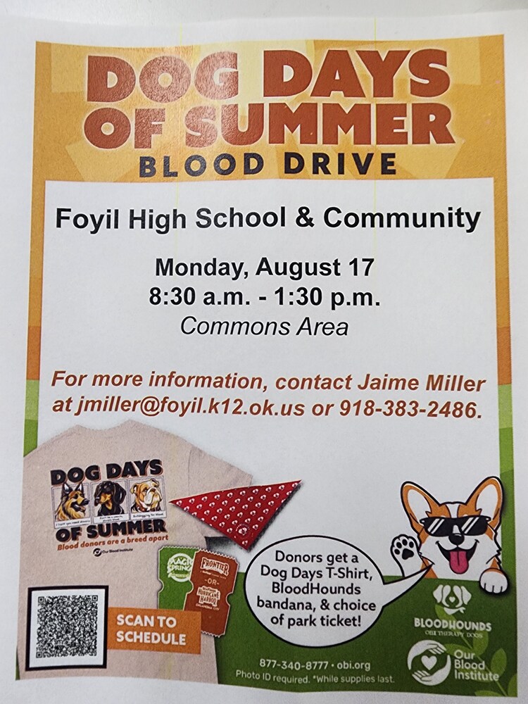 Flyer for Foyil HS Blood Drive on Monday, August 17 from 8:30am-1:30pm in the Commons Area