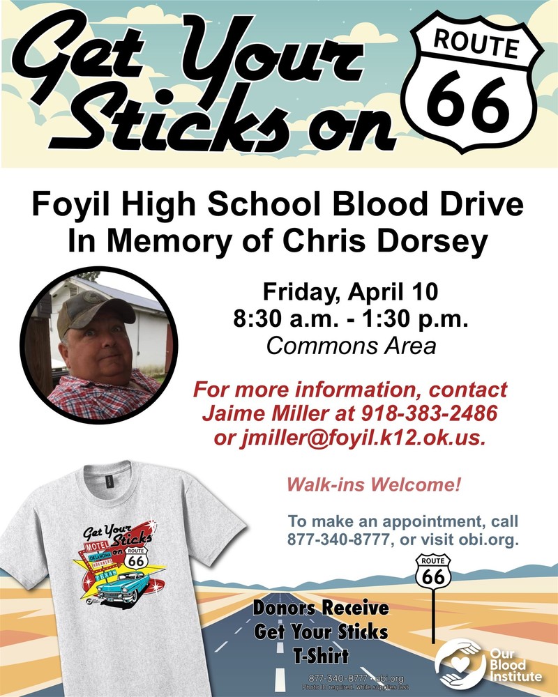 Flyer for Foyil HS Blood Drive In Memory of Chris Dorsey