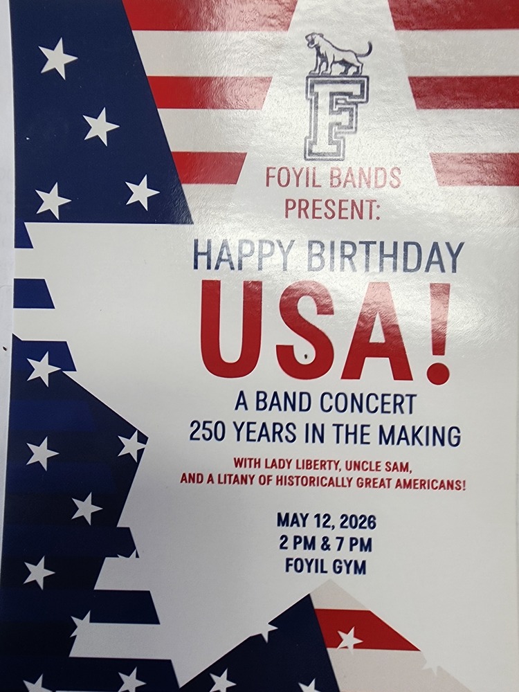 Flyer for the Spring Band Concert on May 12, 2026 at 2pm and 7pm in the Foyil Gymnasium