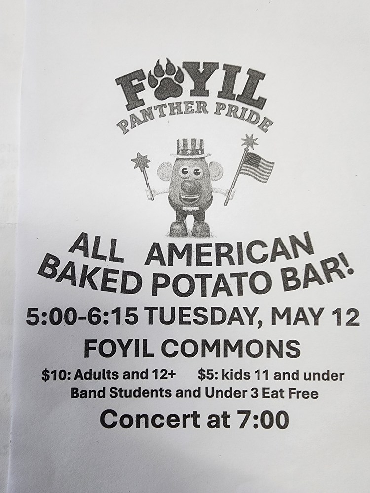 Flyer about the Baked Potato Bar fundraiser on Tuesday, May 12 from 5:00pm-6:15pm