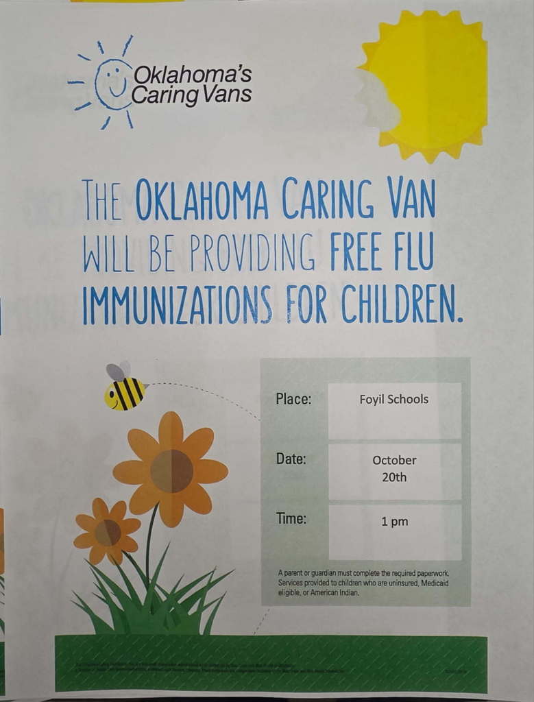 Flyer talking about Caring Immunization van coming October 20th, 2025 at 1pm for students, teachers, and families.