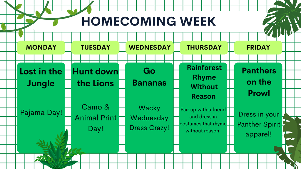 Homecoming week themes and dress up days.