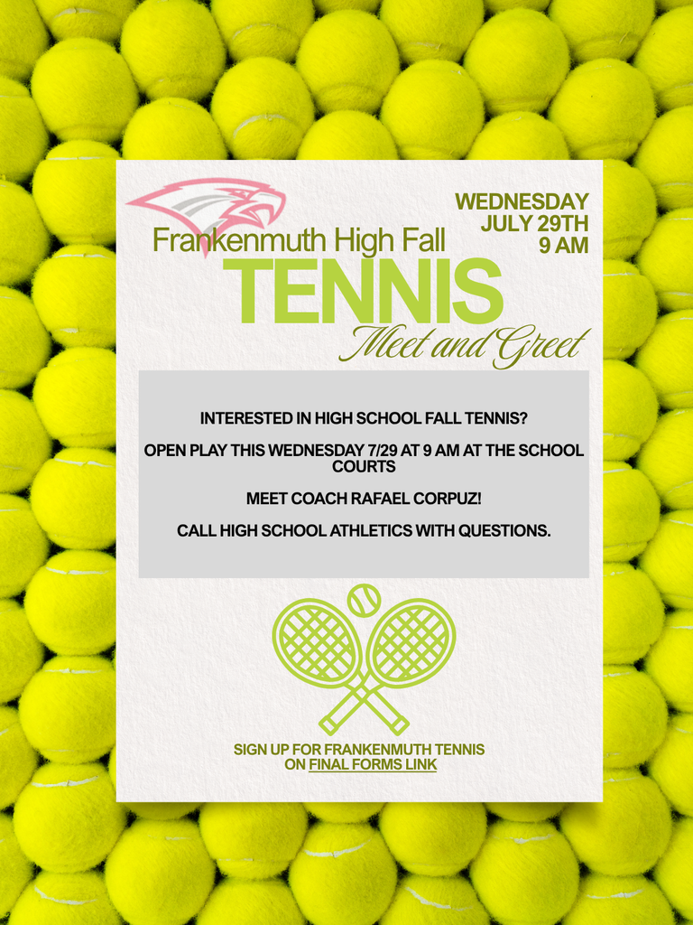 Advertising a meet and greet with new fall tennis coach with open play opportunity on 7/29 at 9 am.