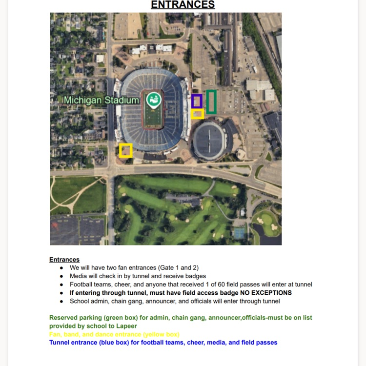 entrance information for Friday’s football game