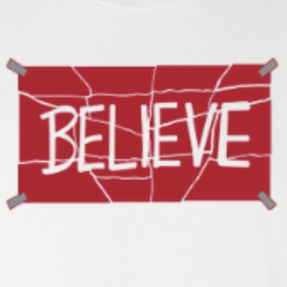 shirt with believe printed on it