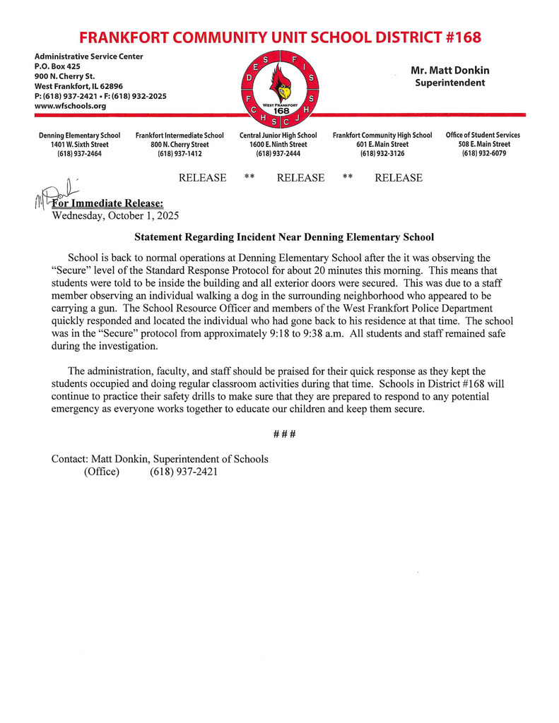 Statement RE: Incident at Denning Elementary