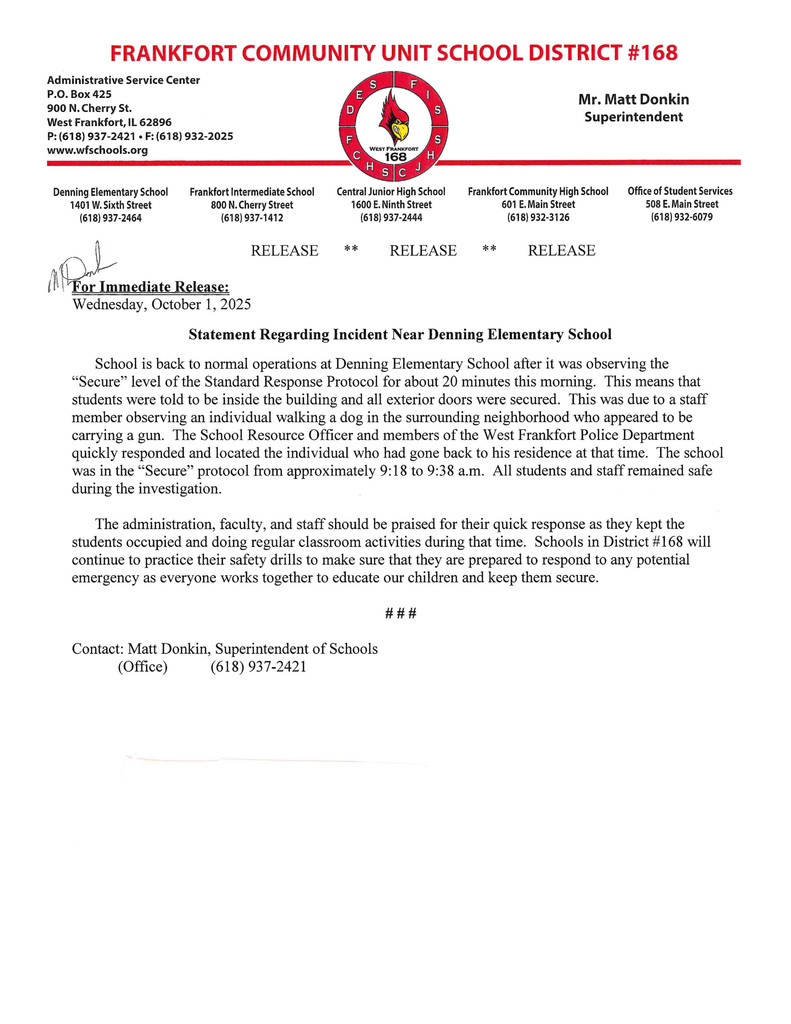 Release on Incident at Denning Elementary School