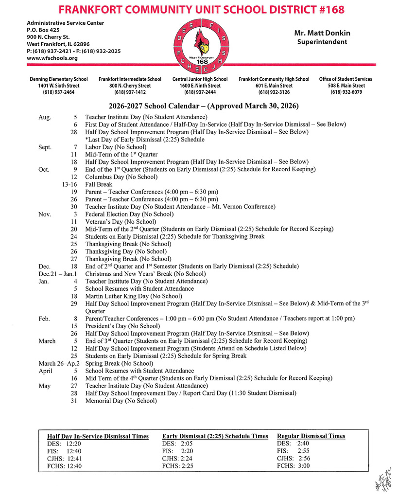 2026-2027 FCUSD 168 School Calendar