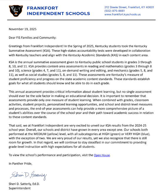 A letter from the superintendent about state assessment results