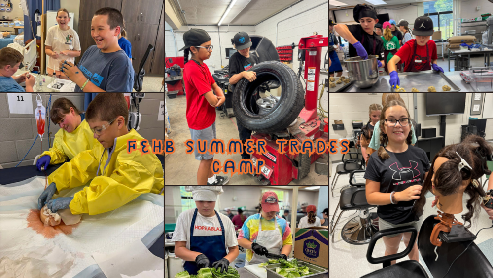 Summer Trades camp Collage: Students working in Culinary, Auto Technology, Costmetology, and Health occupations