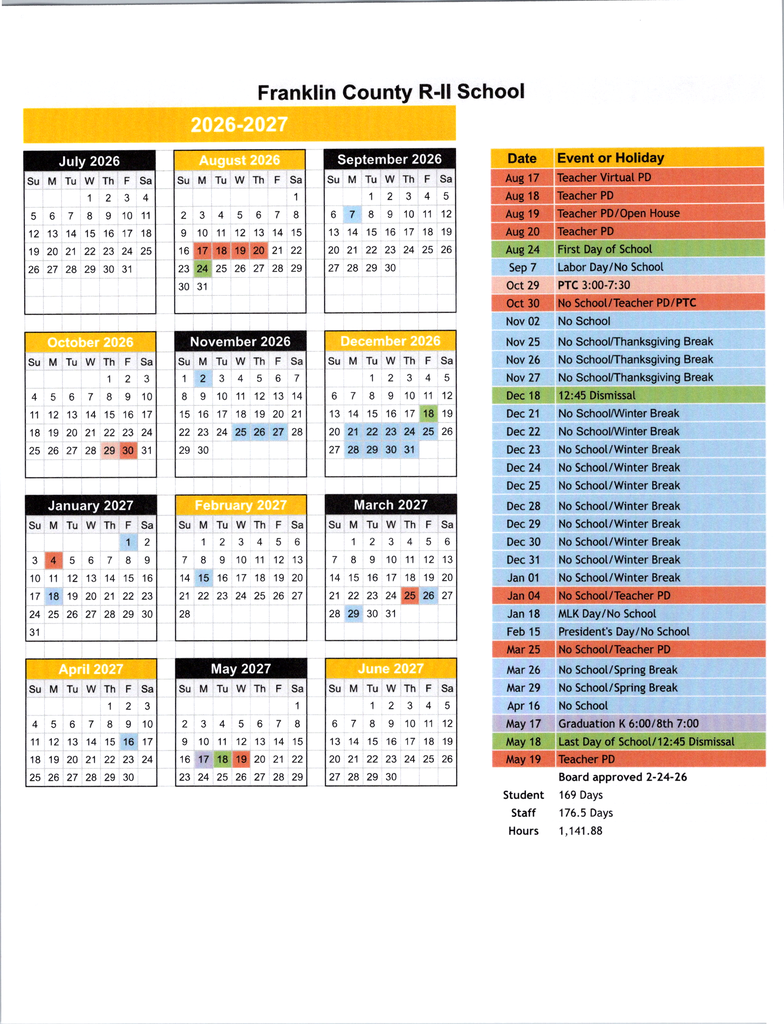 2026-2027 School Calendar