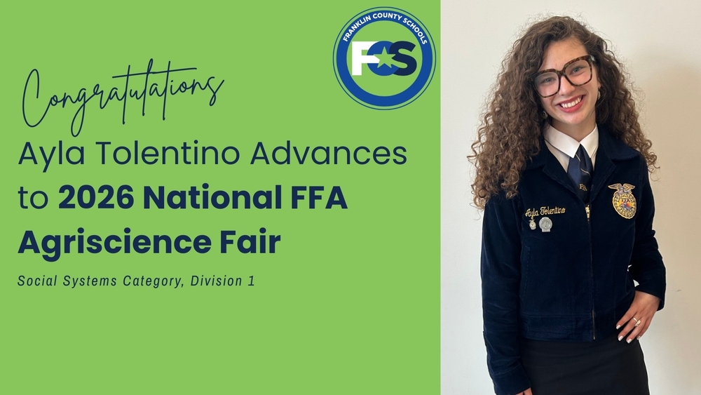 Text on graphic: Congratulations. Ayla Tolentino Advances to 2026 National FFA Agriscience Fair. Social Systems, Division 1.  The left side of the graphic includes the FCS logo and a photo of Ayla smiling in her FFA uniform.