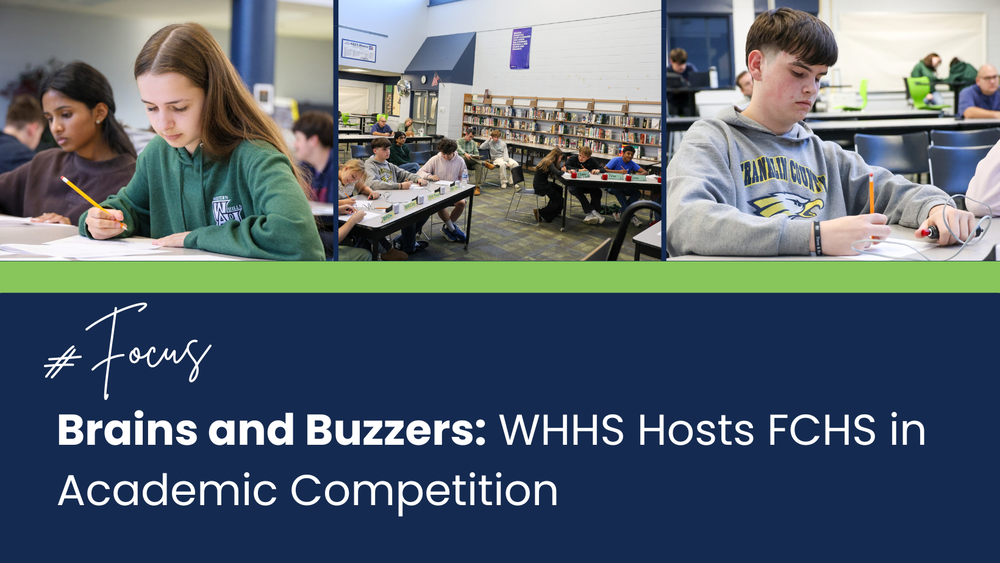 Graphic with three photos on the top and text on the bottom. First photo in the top left is a WHHS student holding a pencil taking the written exam. The middle photo is a wide shot of the Quick Recall round between WHHS and FCHS. The top right photo is a FCHS student holding a pencil in his left hand and the buzzer in his right hand as he prepares to answer a question. The bottom text says "#Focus Brains and Buzzers: WHHS Hosts FCHS in Academic Competition. The background is a dark blue and the text is white. 