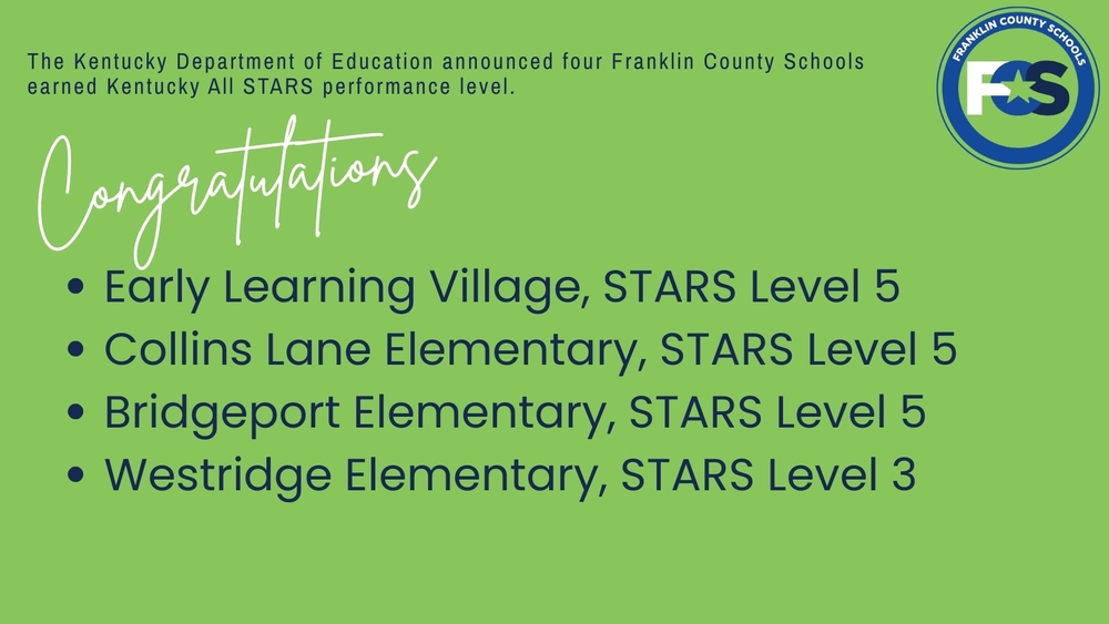 Graphic listing the four schools that received Kentucky All STARS performance level. The schools include: Early Learning Village - STARS Level 5, Collins Lane Elementary, STARS Level 5, Bridgeport Elementary, STARS Level 5, and Westridge Elementary, STARS Level 3