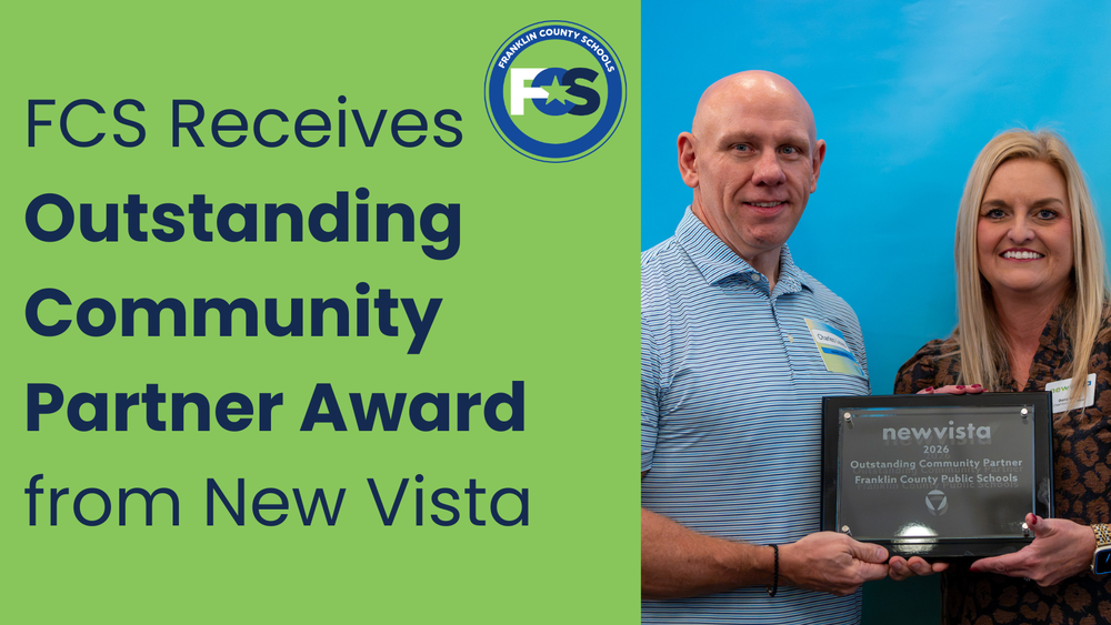 Landscape graphic with a green background and navy blue text that reads "FCS Receives Outstanding Community Partner Award from New Vista" with the FCS logo next to it. On the right side is a photo of Charles Lewis, Director of College and Career Readiness, with the New Vista CEO.