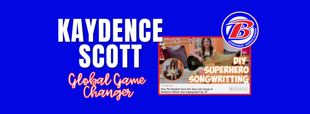 Kaydence Scott Global Game Changer Bondurant Logo. Blue background. Screenshot of the video.