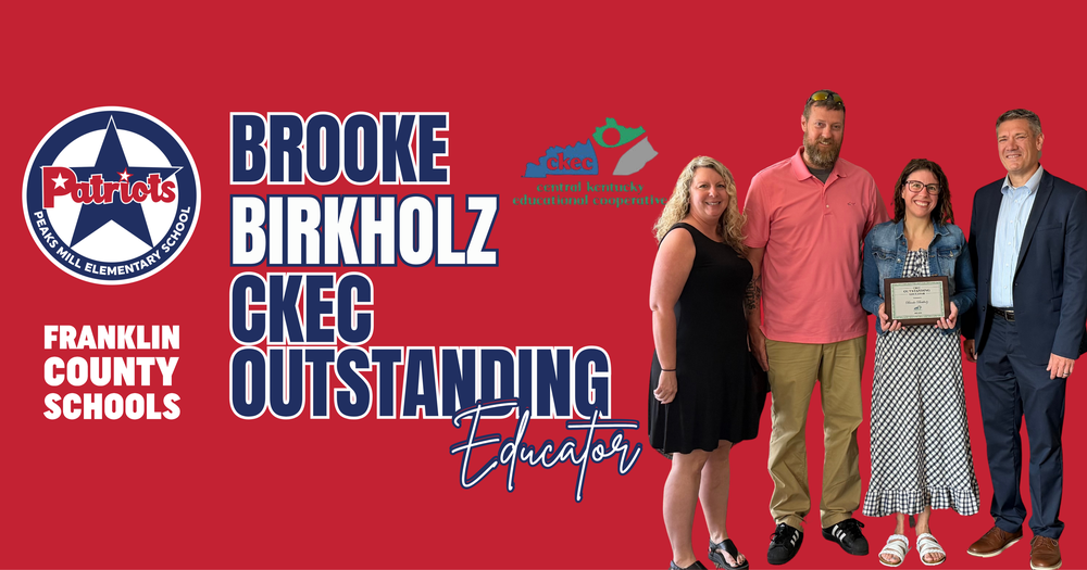 brooke birkholz- ckec outstanding educator award- blue and white font on red background. Brooke pictured with Amy, her husband, and ckec director