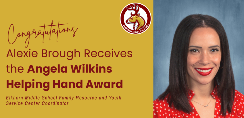 Text: "Congratulations. Alexie Brough Receives the Angela Wilkins Helping Hand Award. The photo accompanied is Alexie Brough's school photo.