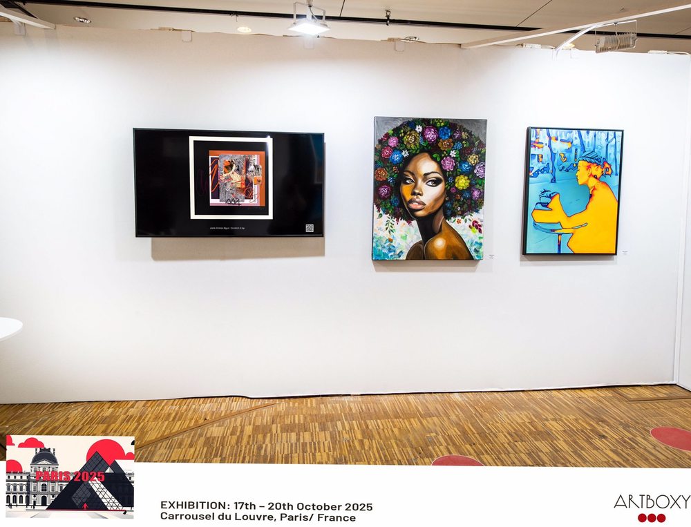 irstein’s piece, displayed on the left in a featured gallery photograph, stands out with its striking black background, layered brushstrokes, and abstract angular forms. The composition evokes both motion and emotion, reflecting Kirstein’s signature style—bold, expressive, and deeply intuitive.