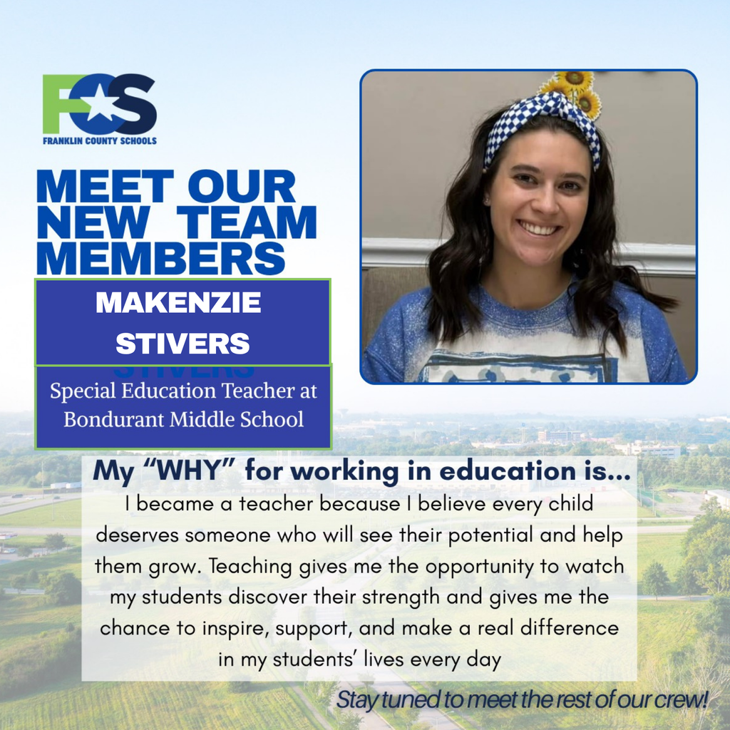  📣 Meet Our New Team Member! Please join us in welcoming Makenzie Stivers, our new Special Education Teacher at Bondurant Middle School! 🌟  Makenzie shares her "why" for becoming an educator:  "I became a teacher because I believe every child deserves someone who will see their potential and help them grow. Teaching gives me the opportunity to watch my students discover their strength and gives me the chance to inspire, support, and make a real difference in my students' lives every day."  We’re thrilled to have her on board and can’t wait to see the impact she’ll make! 💙 📍 Stay tuned as we continue introducing more amazing members of our FCS family!