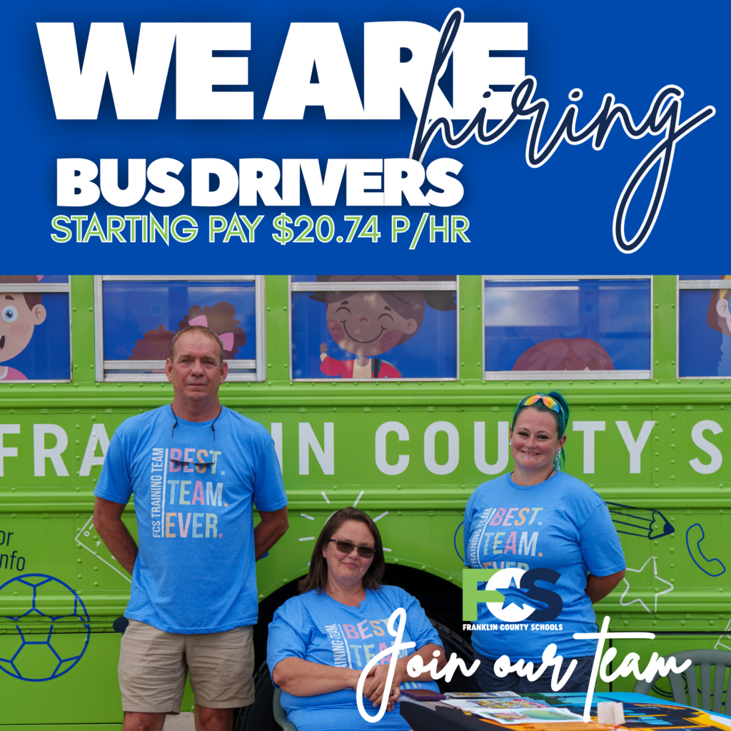 A recruitment graphic for Franklin County Schools features bold text on a blue background stating, “We are hiring Bus Monitors – Starting Pay $15 P/HR.” The word “hiring” is styled in cursive. Below the text, a photo shows a row of yellow school buses with extended stop signs, parked along a tree-lined street near a large building. At the bottom, the Franklin County Schools logo (FCS) appears alongside the phrase “Join our team” in cursive.