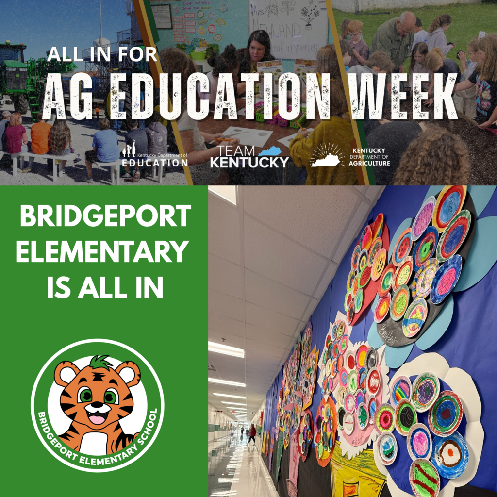 dots in rainbow colors- hand drawn by students at BPE. displayted in hallway. banner has a collage of pictures from Team Kentucky and the KY Department of Ag, KDE and says All in for ag education week.