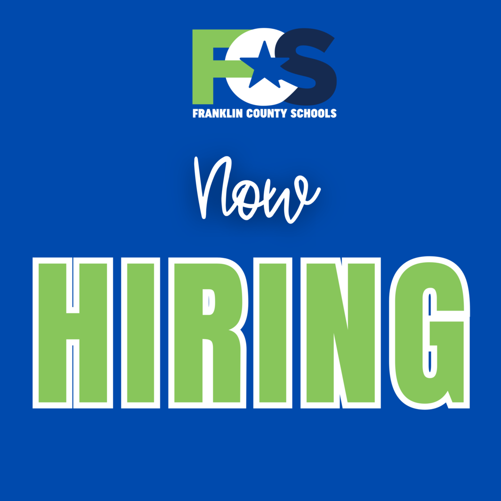 blue background. green and white font. FCS Logo on top with Now Hiring written underneath in text.