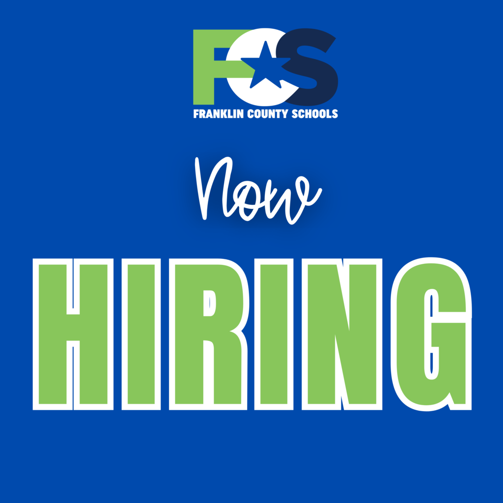 Now Hiring! FCS Logo with a blue background and green.white text font.