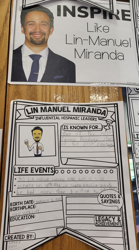 Student work sample hangs on a wall. Topic: Lin Manuel Miranda