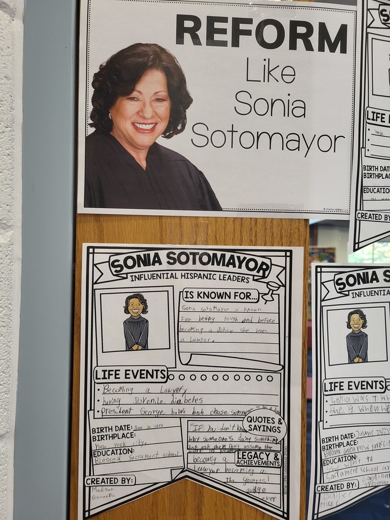 Student work sample hangs on a wall. Topic: Sonia Sotomayor