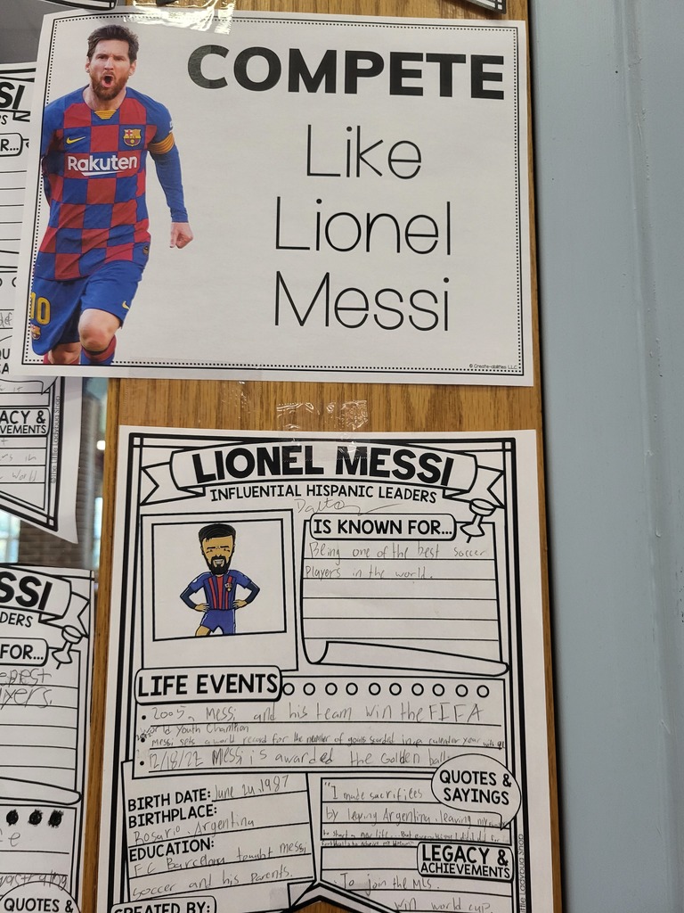 Student work sample hangs on a wall. Topic: Lionel Messi