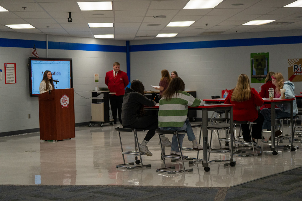 Brinley presents to FCCLA in BMS library