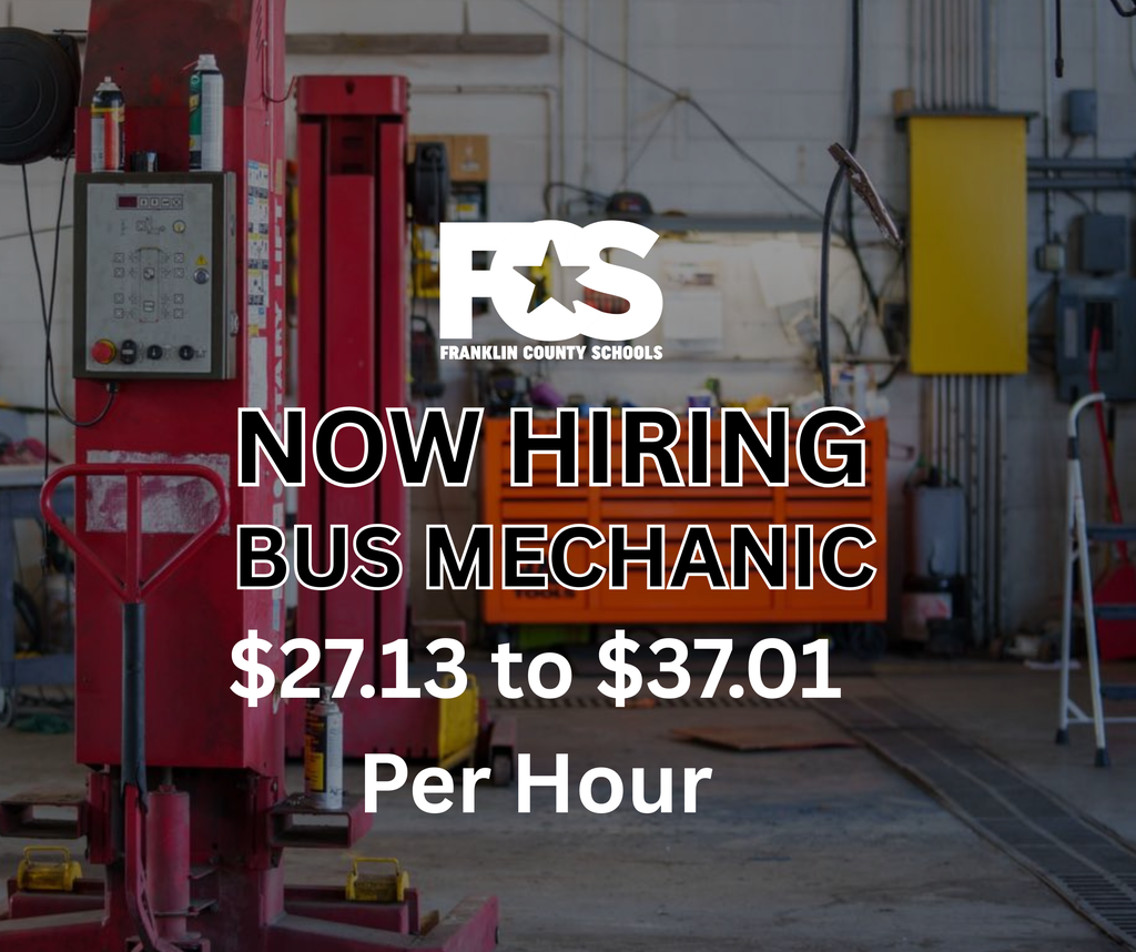Now Hiring Bus Mechanic 27.13 - 37.01 per hr. garage in background.