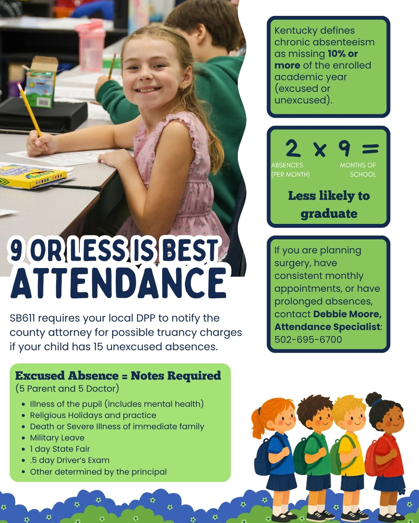 Infographic explaining the importance of attendance. The title says "9 or less is best - Attendance."