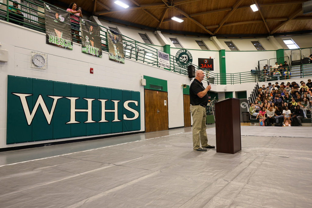 Principal Cody speaks to the senior class about the final year at WHHS.