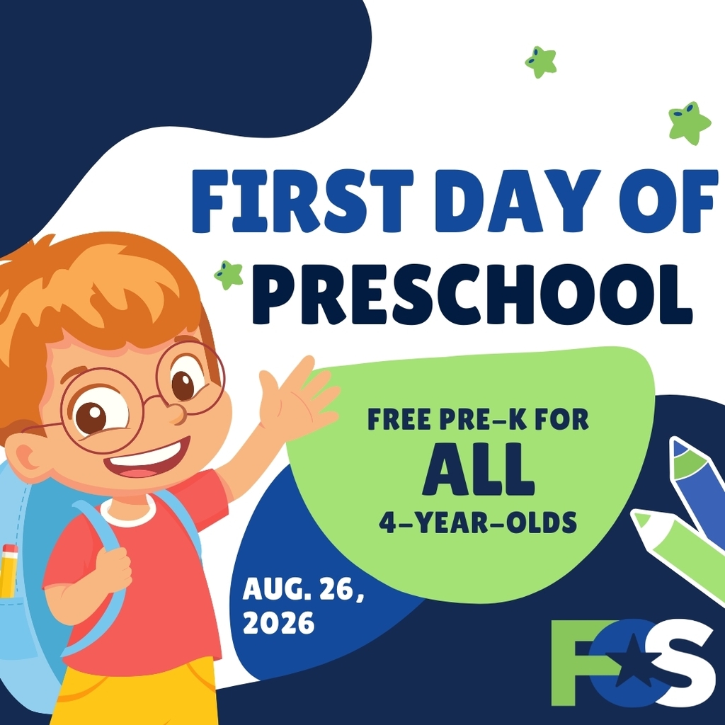 Graphic that says "First Day of Preschool" and "Free Pre-K for ALL 4-Year Olds." The graphic also includes the date for the first day of school which is August 26, 2026. The graphic includes a cartoon character of a preschool student.