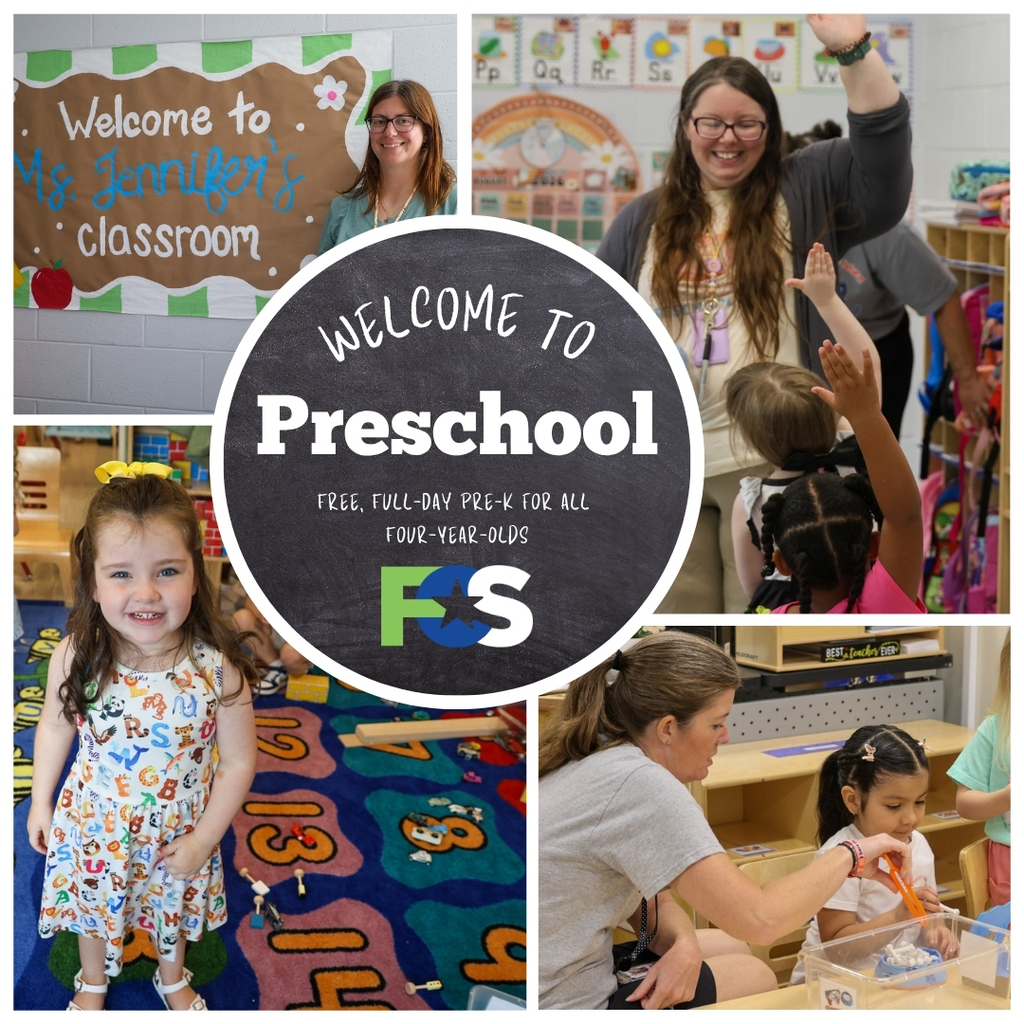 Graphic that says "Welcome to Preschool. Free-Full-Day Pre-K For All Four-Year-Olds" The graphic includes four photos. Top Left is a teacher standing by a banner that says "Welcome to Ms. Jennifer's Classroom." The bottom left is a student in an alphabet dress and yellow bow. The top right is a teacher raising her hand and two students copying her. The bottom left is a teacher playing with a student.