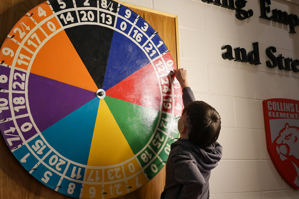 Student spins the wheel to determine which house he will be in.