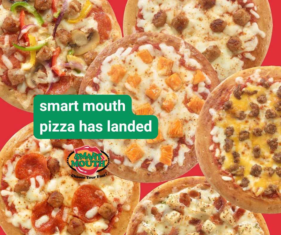 Graphic that says "smart mouth pizza has landed" with the Smart Mouth pizza logo below the text. The background is six round pizzas.